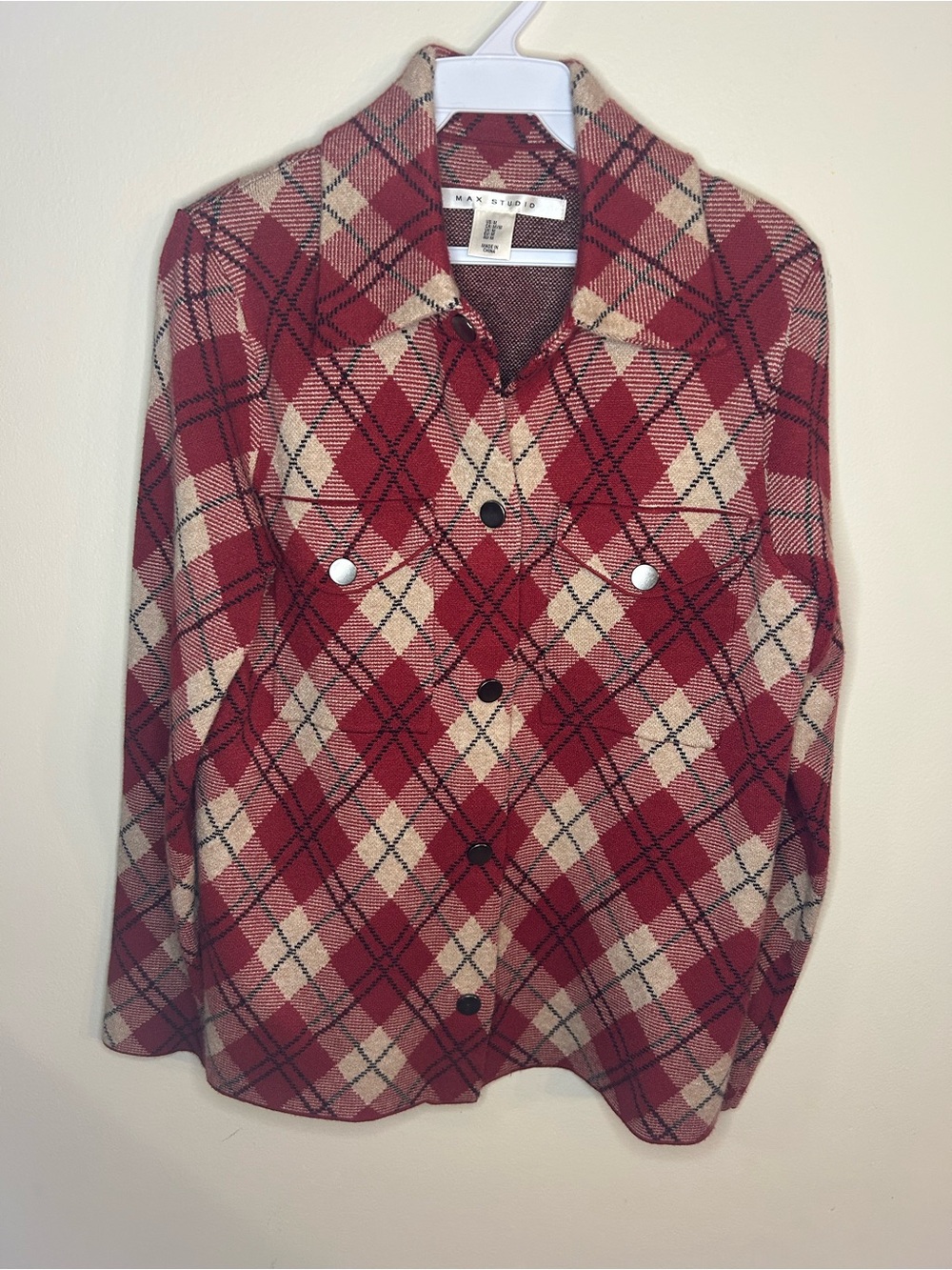 Max Studio Red and Cream Plaid Utility Jacket